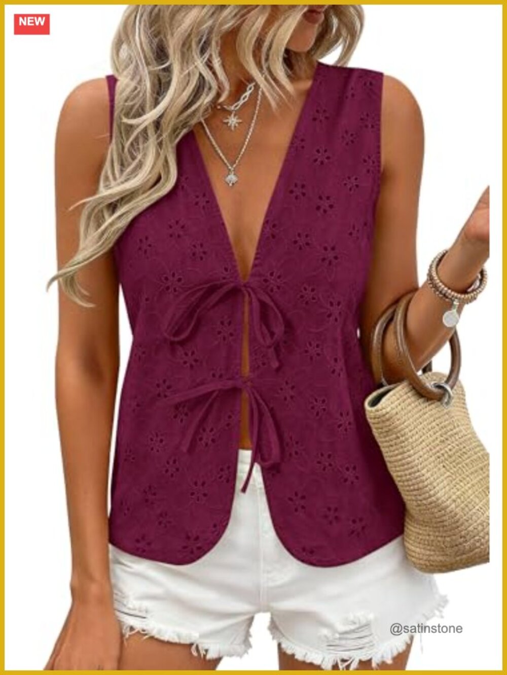 Women's Eyelet Lace Tie Front Vest Tank Top Sleeveless Summer Boho